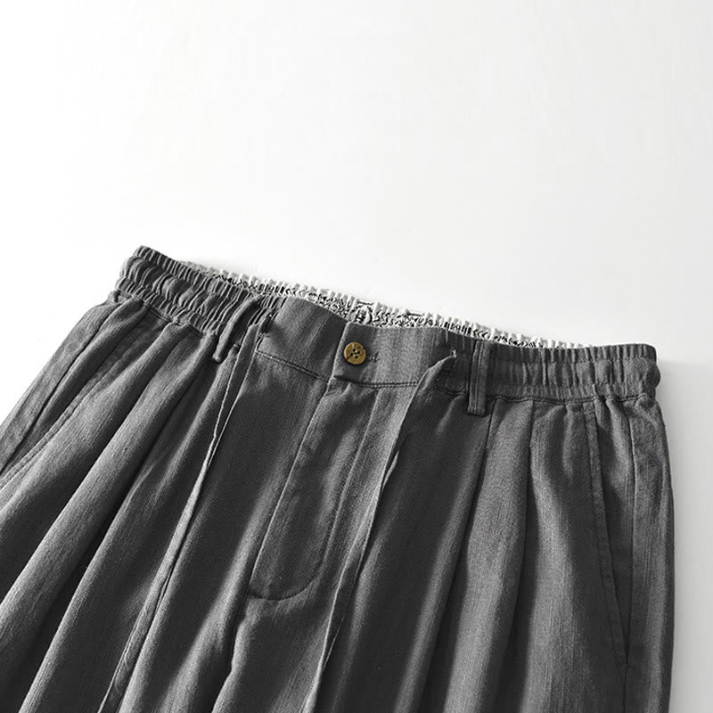 Buddha Stones Herbstfarbene, einfarbige Leinenhose für Herren mit Kordelzug und Reißverschluss, weitem Bein und Taschen - image 2