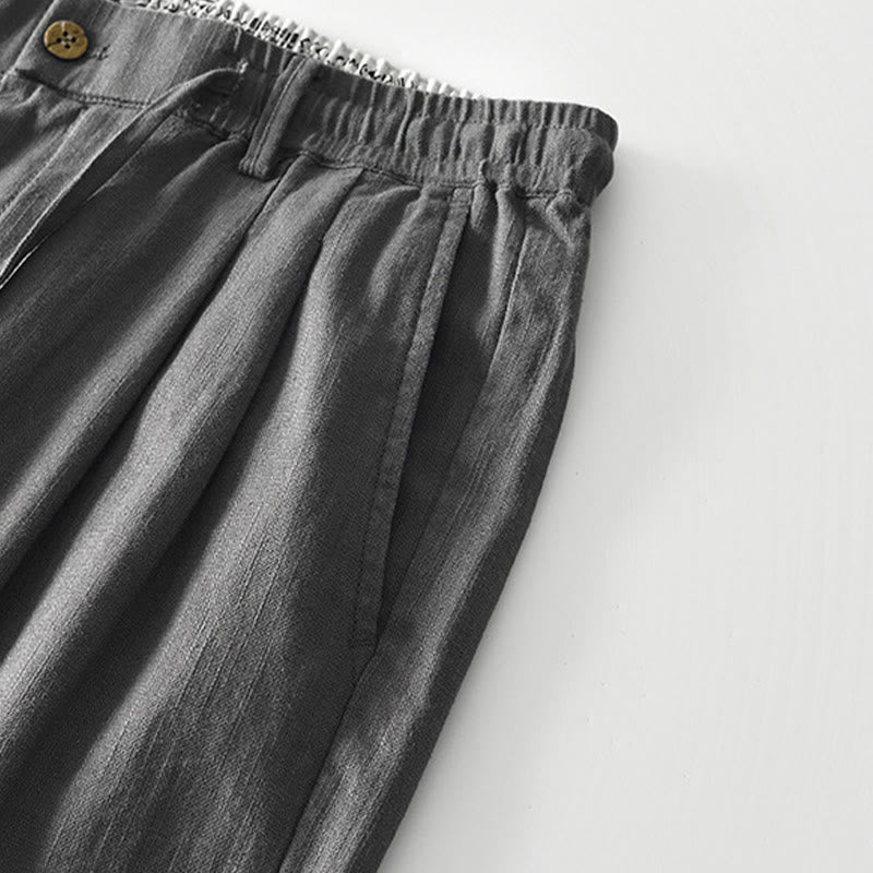 Buddha Stones Herbstfarbene, einfarbige Leinenhose für Herren mit Kordelzug und Reißverschluss, weitem Bein und Taschen - image 6