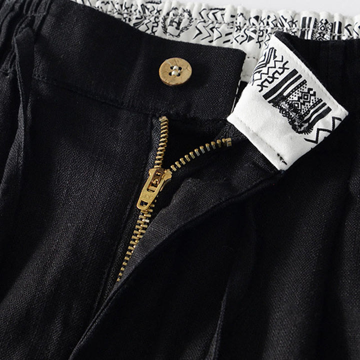 Buddha Stones Herbstfarbene, einfarbige Leinenhose für Herren mit Kordelzug und Reißverschluss, weitem Bein und Taschen - image 12