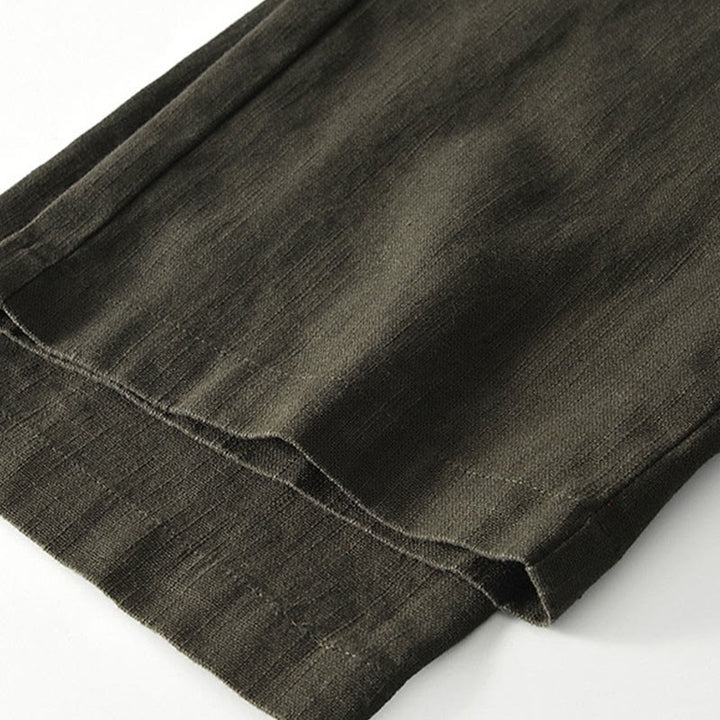 Buddha Stones Herbstfarbene, einfarbige Leinenhose für Herren mit Kordelzug und Reißverschluss, weitem Bein und Taschen - image 19