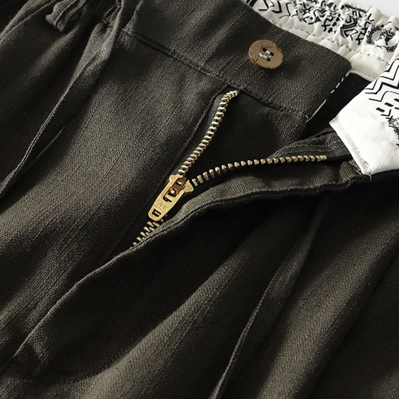 Buddha Stones Herbstfarbene, einfarbige Leinenhose für Herren mit Kordelzug und Reißverschluss, weitem Bein und Taschen - image 18