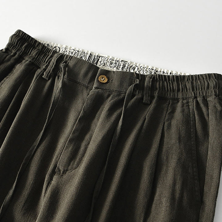 Buddha Stones Herbstfarbene, einfarbige Leinenhose für Herren mit Kordelzug und Reißverschluss, weitem Bein und Taschen - image 15