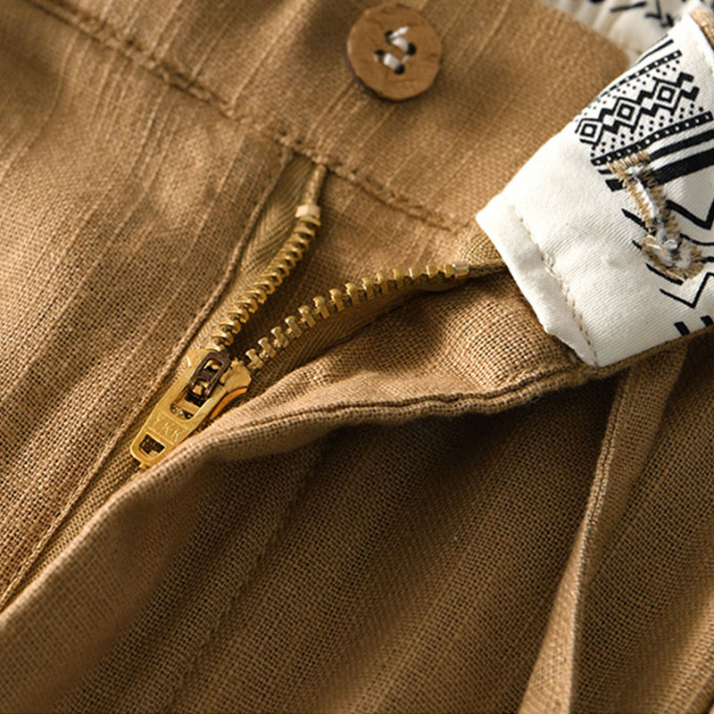 Buddha Stones Herbstfarbene, einfarbige Leinenhose für Herren mit Kordelzug und Reißverschluss, weitem Bein und Taschen - image 23