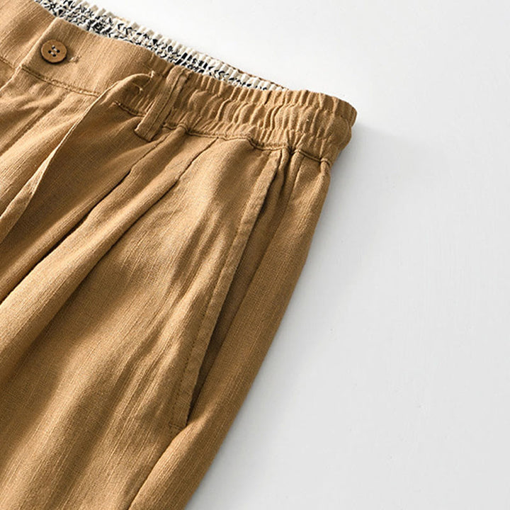 Buddha Stones Herbstfarbene, einfarbige Leinenhose für Herren mit Kordelzug und Reißverschluss, weitem Bein und Taschen - image 22