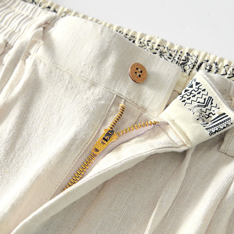 Buddha Stones Herbstfarbene, einfarbige Leinenhose für Herren mit Kordelzug und Reißverschluss, weitem Bein und Taschen - image 28