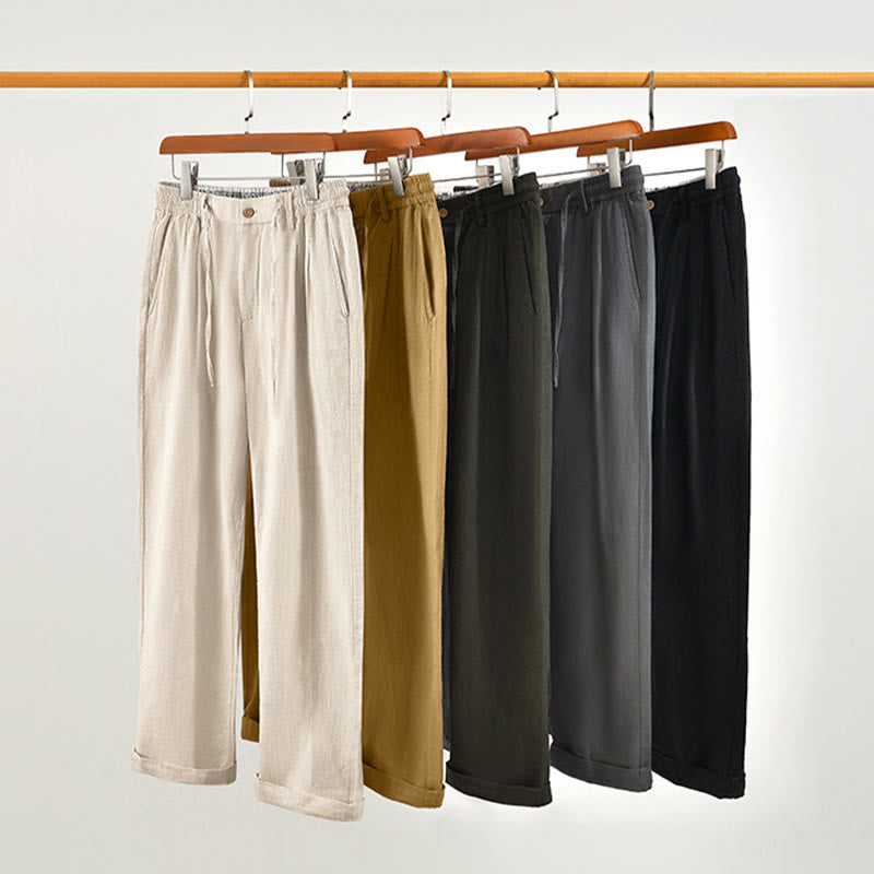 Buddha Stones Herbstfarbene, einfarbige Leinenhose für Herren mit Kordelzug und Reißverschluss, weitem Bein und Taschen - image 32