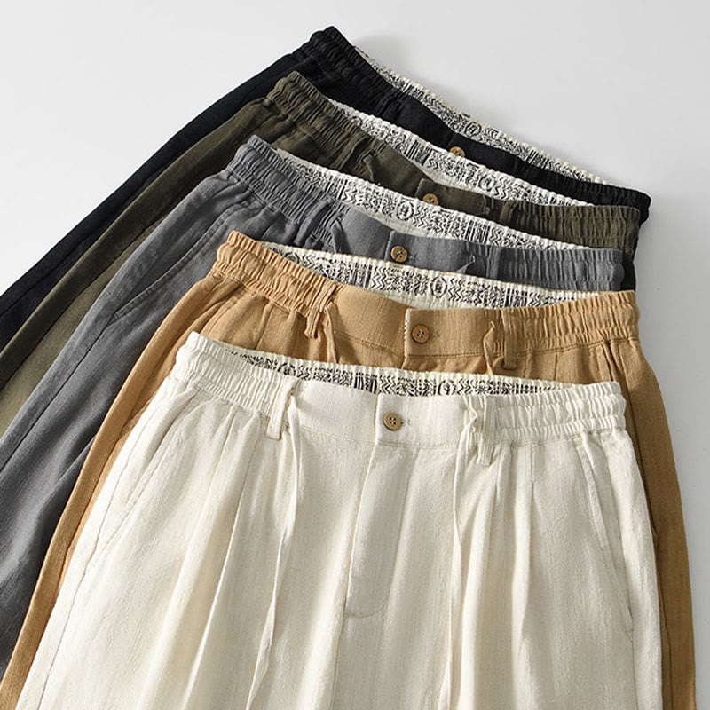 Buddha Stones Herbstfarbene, einfarbige Leinenhose für Herren mit Kordelzug und Reißverschluss, weitem Bein und Taschen - image 33