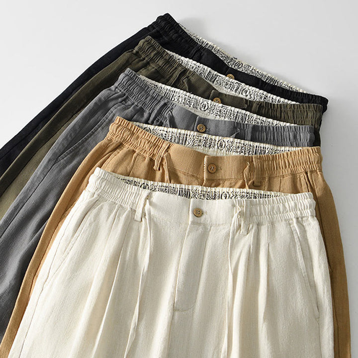 Buddha Stones Herbstfarbene, einfarbige Leinenhose für Herren mit Kordelzug und Reißverschluss, weitem Bein und Taschen - image 33