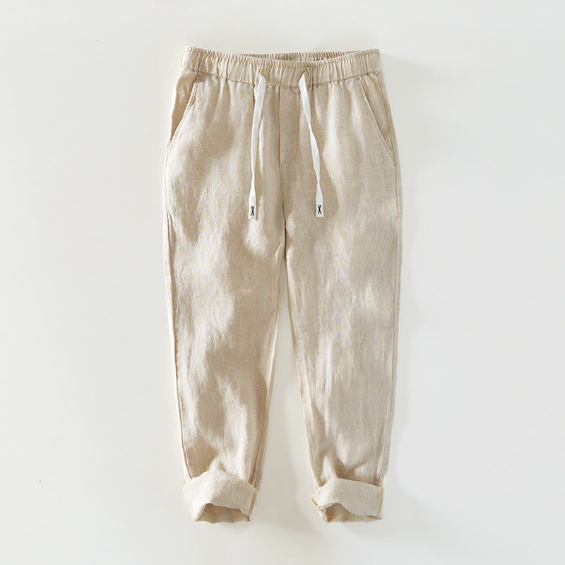 Buddha Stones Herbstfarbene, einfarbige Leinenhose für Herren mit Kordelzug und elastischem Bund, knöchellang und mit Taschen - Beige - US/ UK/AU44, EU54 (4XL) - image 0
