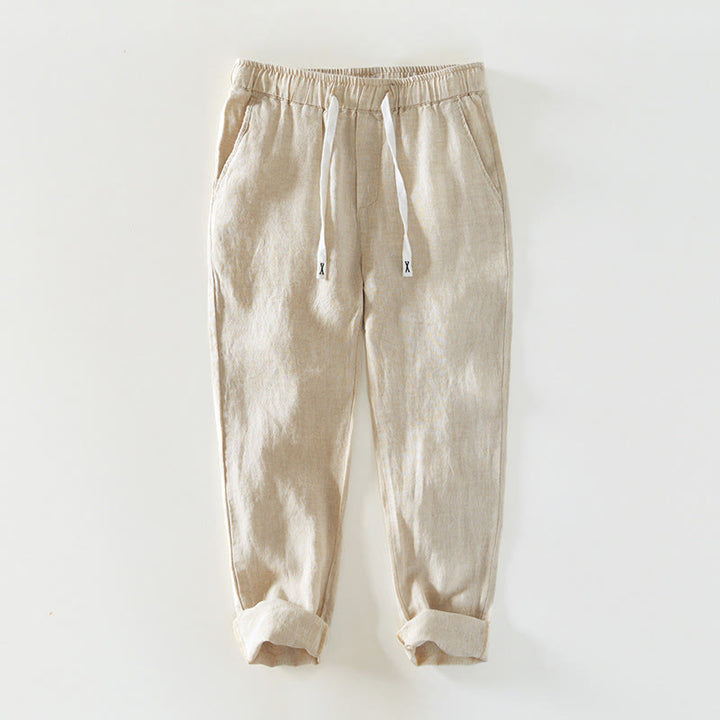 Buddha Stones Herbstfarbene, einfarbige Leinenhose für Herren mit Kordelzug und elastischem Bund, knöchellang und mit Taschen - Beige - US/ UK/AU44, EU54 (4XL) - image 0