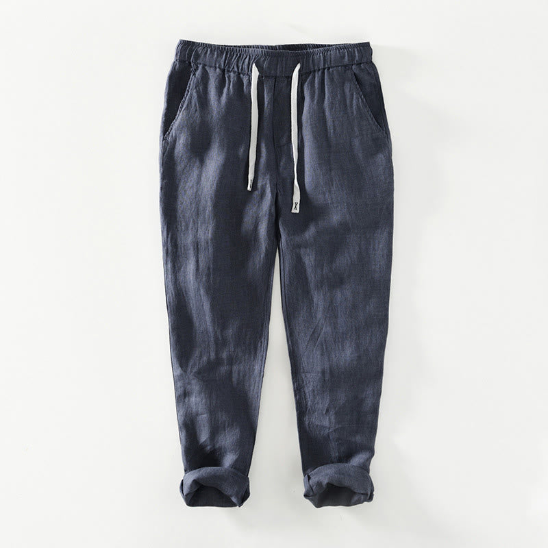 Buddha Stones Herbstfarbene, einfarbige Leinenhose für Herren mit Kordelzug und elastischem Bund, knöchellang und mit Taschen - SteelBlue - US/ UK/AU44, EU54 (4XL) - image 18