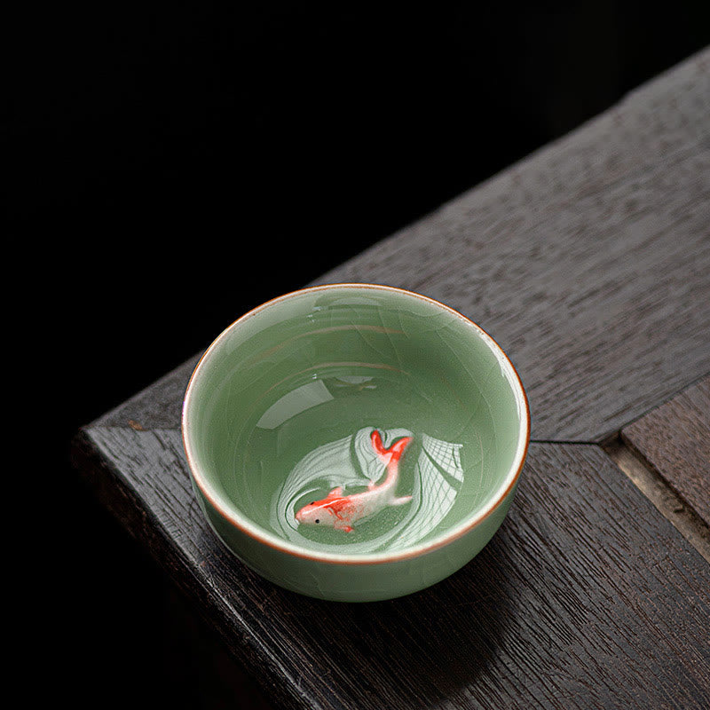 Buddha Stones, handbemalte Koi-Fisch-Keramik-Teetasse, Kung-Fu-Teetasse, 50 ml - Pflaumengrün, 6,4 cm × 2,8 cm × 50 ml - image 3