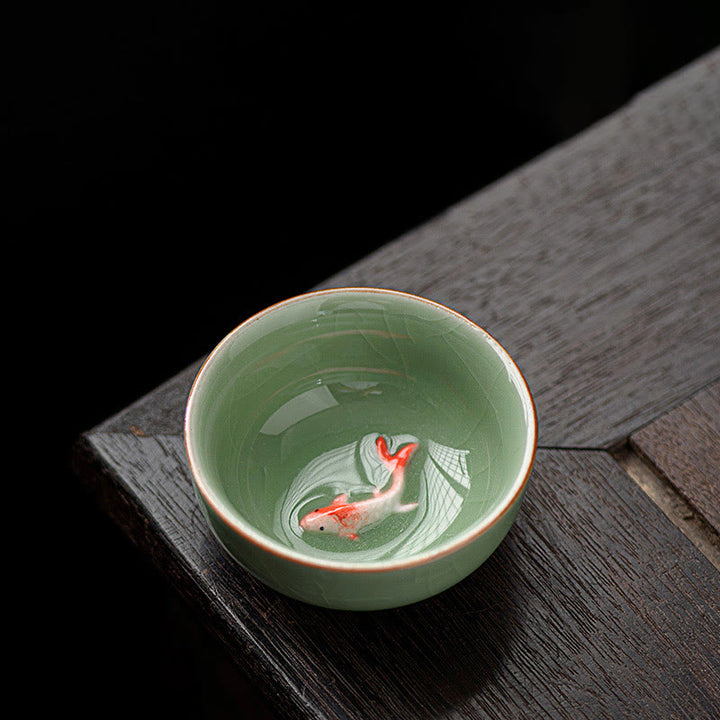 Buddha Stones, handbemalte Koi-Fisch-Keramik-Teetasse, Kung-Fu-Teetasse, 50 ml - Pflaumengrün, 6,4 cm × 2,8 cm × 50 ml - image 3