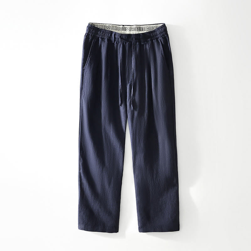 Buddha Stones Herbstfarbene, einfarbige Leinenhose für Herren mit geradem Bein, Kordelzug und elastischem Bund sowie Taschen - SteelBlue - US/ UK/AU42, EU52 (3XL) - image 0