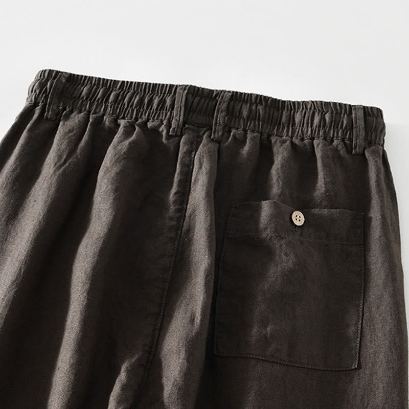 Buddha Stones Herbstfarbene, einfarbige Leinenhose für Herren mit geradem Bein, Kordelzug und elastischem Bund sowie Taschen - image 13
