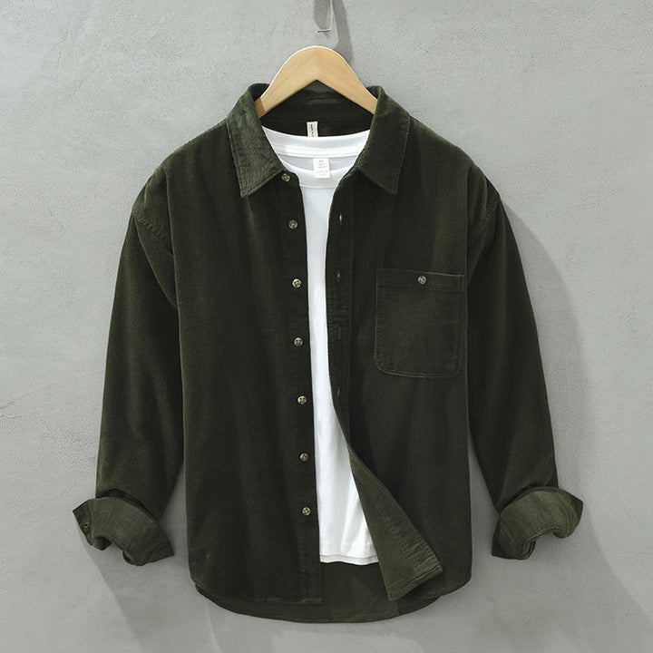 Buddha Stones ​​Herbst-Dekorationstasche, Knöpfe, Stehkragen, Langarm-Herrenhemd aus Baumwollcord - Olive - US/UK/AU42, EU52 (3XL) - image 9