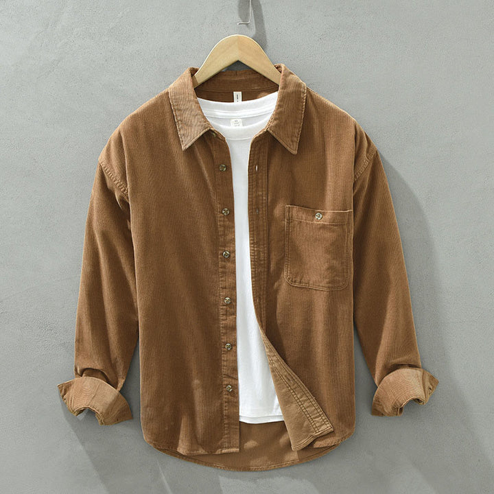 Buddha Stones ​​Herbst-Dekorationstasche, Knöpfe, Stehkragen, Langarm-Herrenhemd aus Baumwollcord - SandyBrown - US/UK/AU42, EU52 (3XL) - image 0