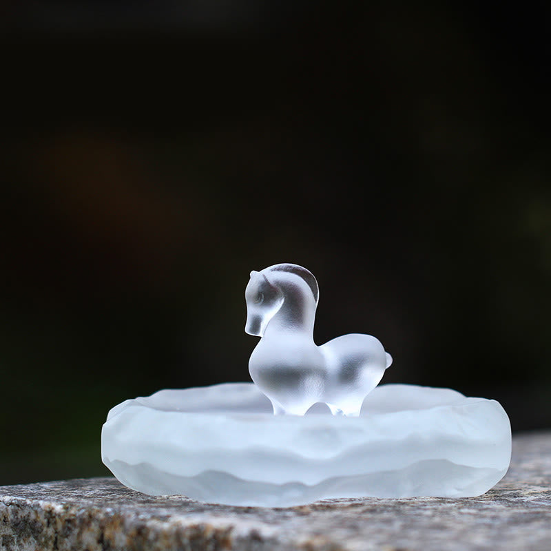 Buddha Stones, Jahr des Pferdes, Lotus-Kapsel, Lotusblatt, Liuli-Kristall-Kunstwerk, Energie-Dekoration für Zuhause oder Büro - Horse&Wavy Edge Pad - image 0