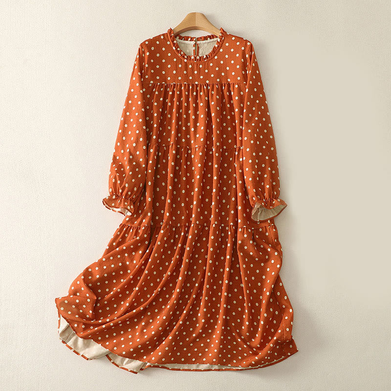 Buddha Stones Herbst-Midikleid mit Polka-Dot-Design, Rundhalsausschnitt, langen Ärmeln, aus Baumwolle, Damen - Koralle - US14, UK/AU18, EU46 (2XL) - image 0