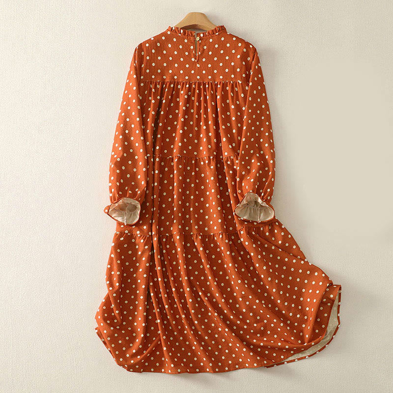Buddha Stones Herbst-Midikleid mit Polka-Dot-Design, Rundhalsausschnitt, langen Ärmeln, aus Baumwolle, Damen - image 1