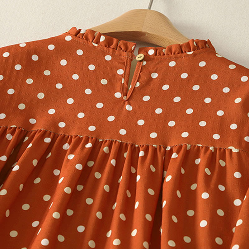 Buddha Stones Herbst-Midikleid mit Polka-Dot-Design, Rundhalsausschnitt, langen Ärmeln, aus Baumwolle, Damen - image 3