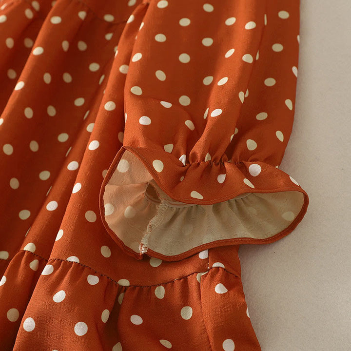 Buddha Stones Herbst-Midikleid mit Polka-Dot-Design, Rundhalsausschnitt, langen Ärmeln, aus Baumwolle, Damen - image 4