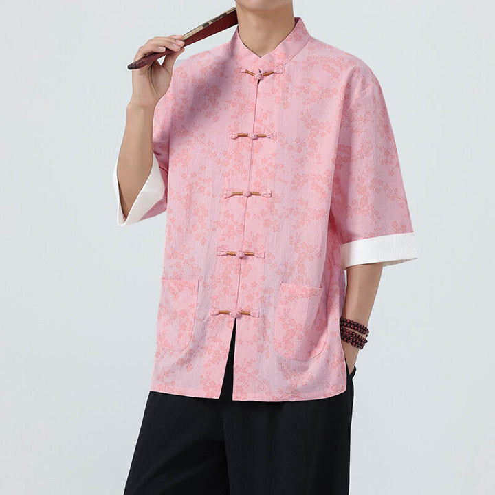 Herrenhemd mit Buddha Stones, Sommer-Pfirsichblütenmuster, chinesischen Froschknöpfen, Baumwoll-Leinen-Mischgewebe und kurzen Ärmeln - Rosa - US/UK/AU46, EU56 (5XL) - image 12