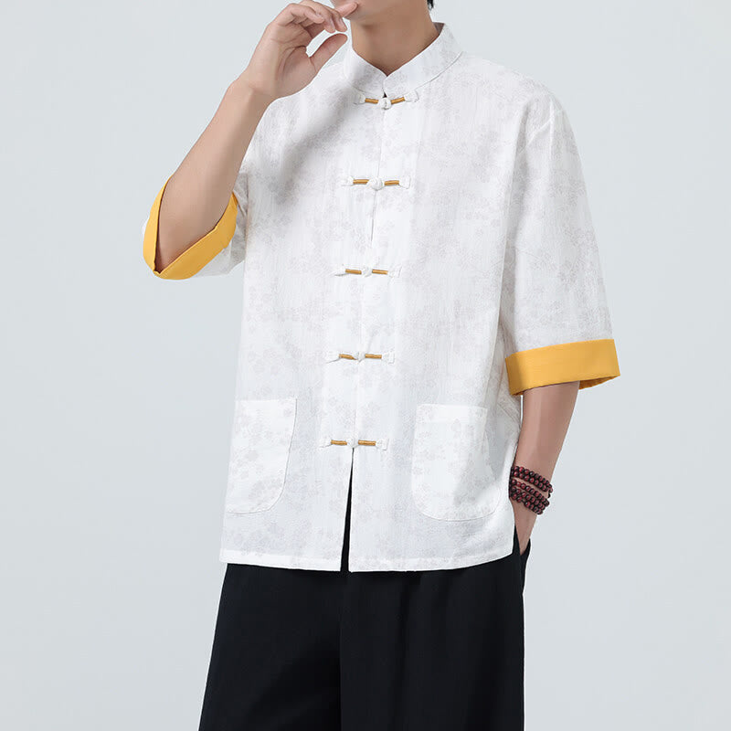 Herrenhemd mit Buddha Stones, Sommer-Pfirsichblütenmuster, chinesischen Froschknöpfen, Baumwoll-Leinen-Mischgewebe und kurzen Ärmeln - Weiß - US/UK/AU46, EU56 (5XL) - image 15