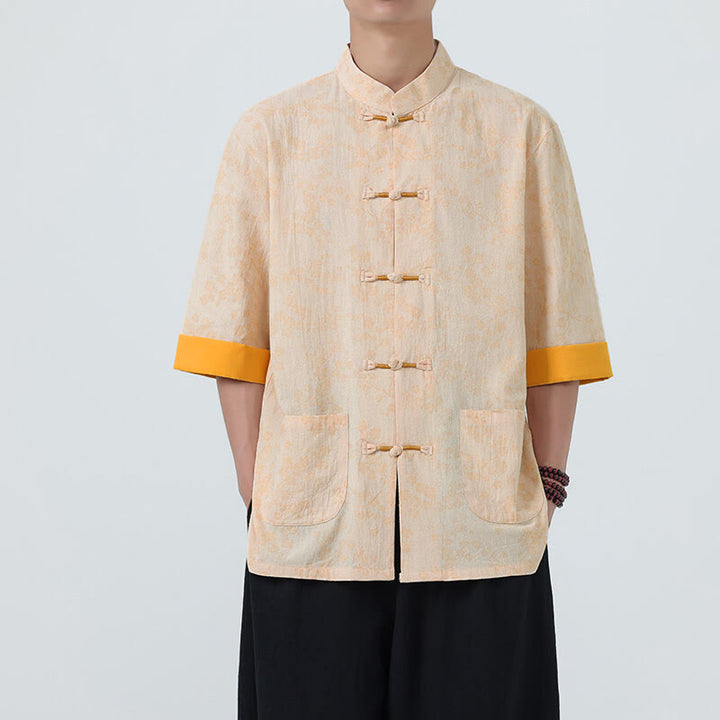 Herrenhemd mit Buddha Stones, Sommer-Pfirsichblütenmuster, chinesischen Froschknöpfen, Baumwoll-Leinen-Mischgewebe und kurzen Ärmeln - Biskuit - US/UK/AU46, EU56 (5XL) - image 9