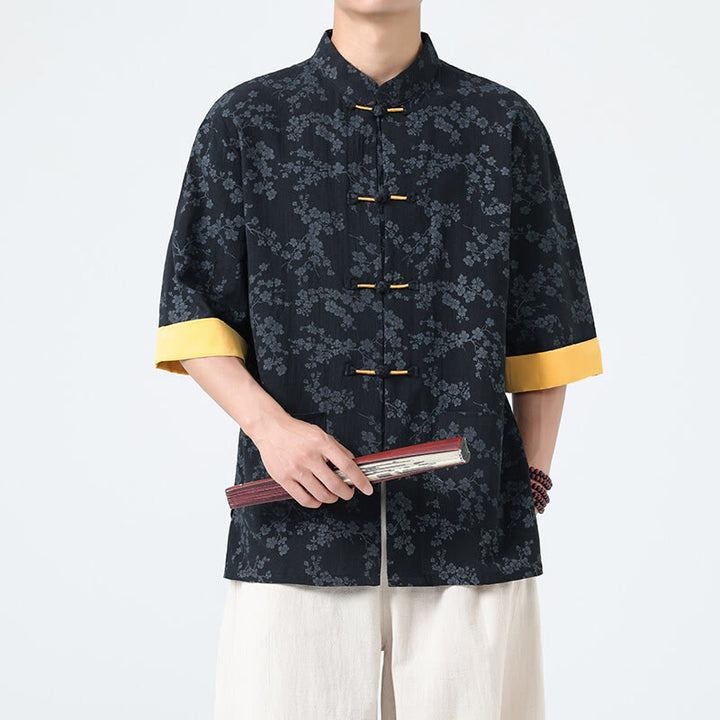 Herrenhemd mit Buddha Stones, Sommer-Pfirsichblütenmuster, chinesischen Froschknöpfen, Baumwoll-Leinen-Mischgewebe und kurzen Ärmeln - Schwarz - US/UK/AU46, EU56 (5XL) - image 0