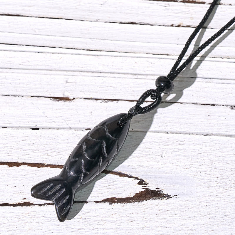 Buddha Stones Schnitzerei, Koi-Fisch, rosa Kristall, indischer Achat, Amethyst, Halskettenanhänger – Symbol für Wärme und Wohlstand - Schwarzer Obsidian (Anhängergröße: 15 x 40 mm) - image 63