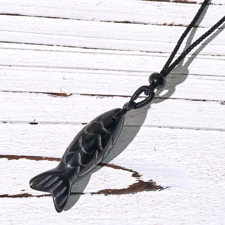 Buddha Stones Schnitzerei, Koi-Fisch, rosa Kristall, indischer Achat, Amethyst, Halskettenanhänger – Symbol für Wärme und Wohlstand - Schwarzer Obsidian (Anhängergröße: 15 x 40 mm) - image 63