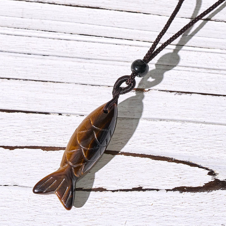 Buddha Stones Schnitzerei, Koi-Fisch, rosa Kristall, indischer Achat, Amethyst, Halskettenanhänger – Symbol für Wärme und Wohlstand - Tigerauge (Anhängergröße: 15 x 40 mm) - image 28