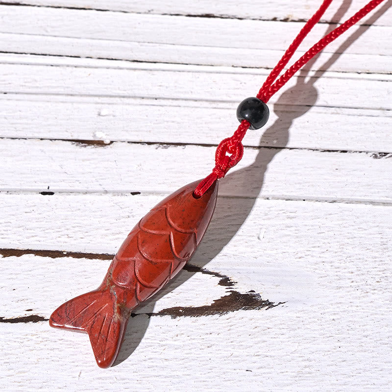 Buddha Stones Schnitzerei, Koi-Fisch, rosa Kristall, indischer Achat, Amethyst, Halskettenanhänger – Symbol für Wärme und Wohlstand - Roter Jaspis (Anhängergröße: 15 x 40 mm) - image 22