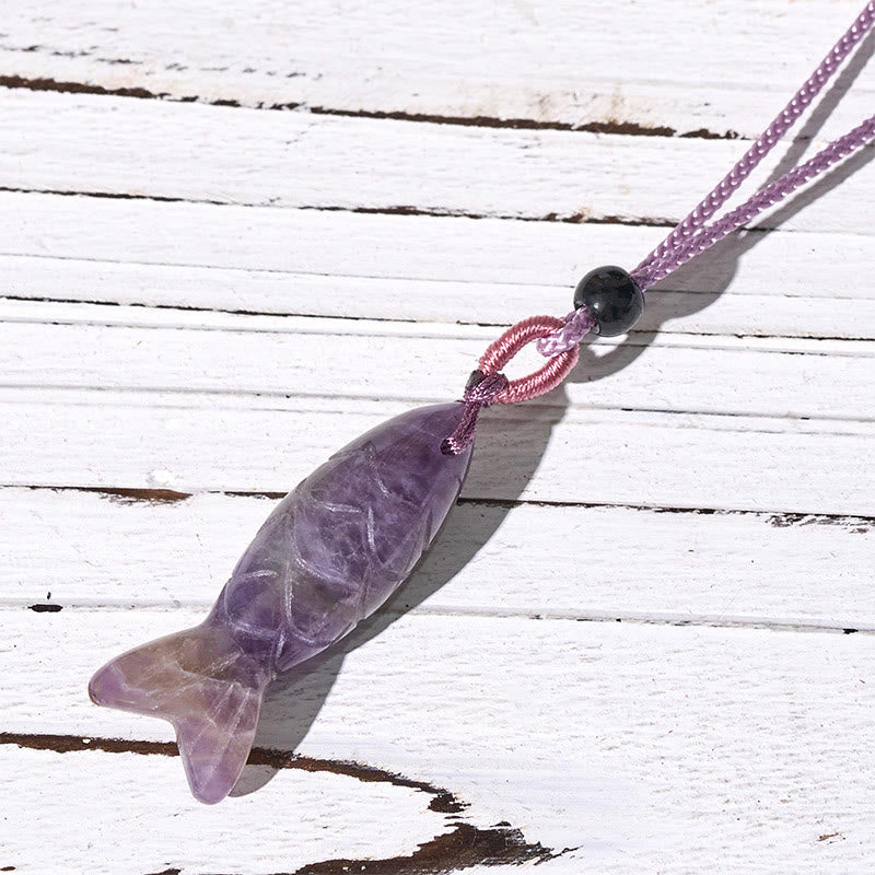 Buddha Stones Schnitzerei, Koi-Fisch, rosa Kristall, indischer Achat, Amethyst, Halskettenanhänger – Symbol für Wärme und Wohlstand - Amethyst (Anhängergröße: 15 x 40 mm) - image 12