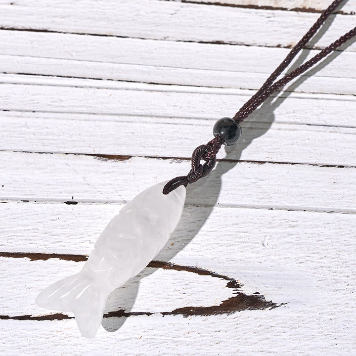 Buddha Stones Schnitzerei, Koi-Fisch, rosa Kristall, indischer Achat, Amethyst, Halskettenanhänger – Symbol für Wärme und Wohlstand - Weißer Kristall (Anhängergröße: 15 x 40 mm) - image 48