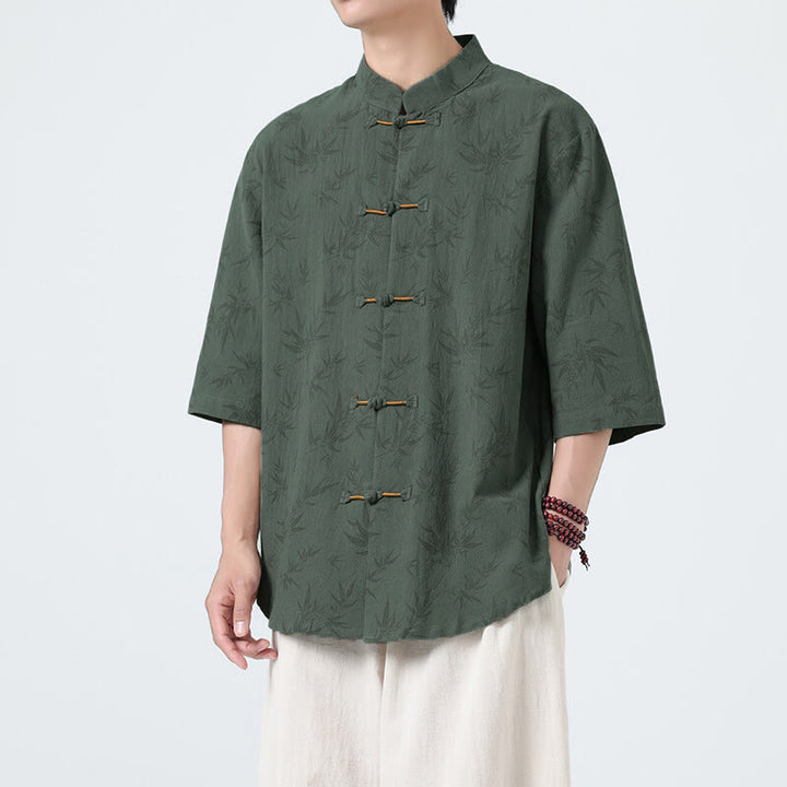 Herrenhemd mit Buddha Stones, Sommer-Bambusblattmuster, chinesischen Froschknöpfen, Baumwoll-Leinen-Mischgewebe und kurzen Ärmeln - SeaGreen - US/UK/AU46, EU56 (5XL) - image 7