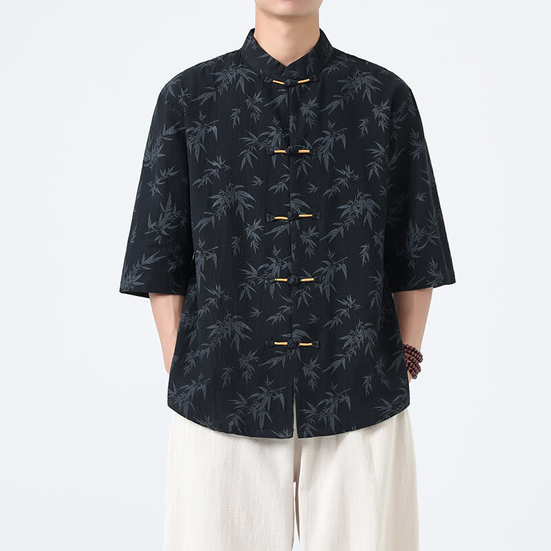 Herrenhemd mit Buddha Stones, Sommer-Bambusblattmuster, chinesischen Froschknöpfen, Baumwoll-Leinen-Mischgewebe und kurzen Ärmeln - Schwarz - US/UK/AU46, EU56 (5XL) - image 0