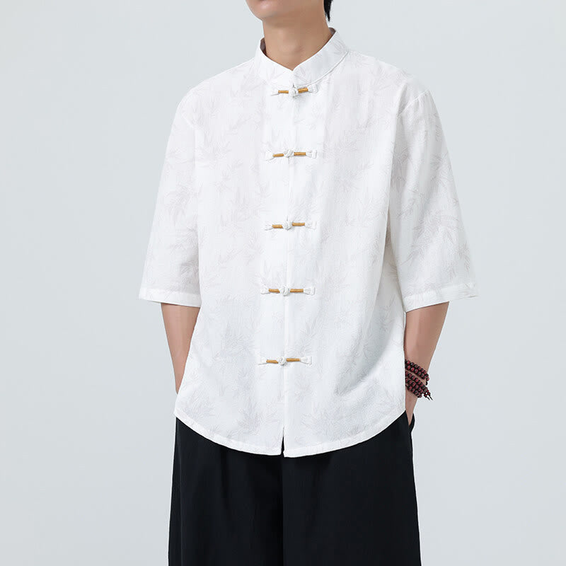 Herrenhemd mit Buddha Stones, Sommer-Bambusblattmuster, chinesischen Froschknöpfen, Baumwoll-Leinen-Mischgewebe und kurzen Ärmeln - Weiß - US/UK/AU46, EU56 (5XL) - image 15