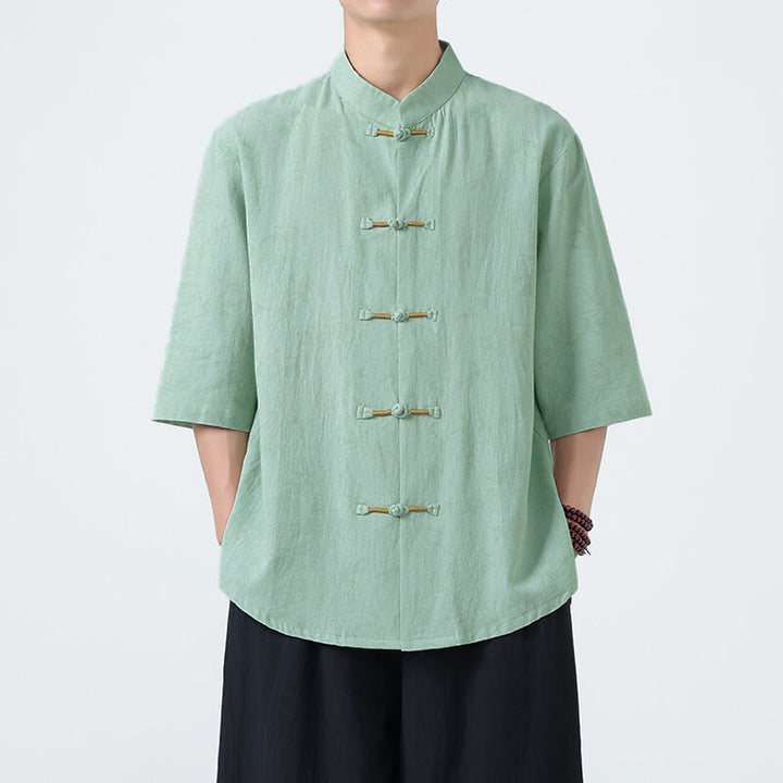 Herrenhemd mit Buddha Stones, Sommer-Bambusblattmuster, chinesischen Froschknöpfen, Baumwoll-Leinen-Mischgewebe und kurzen Ärmeln - Aquamarin - US/UK/AU46, EU56 (5XL) - image 11