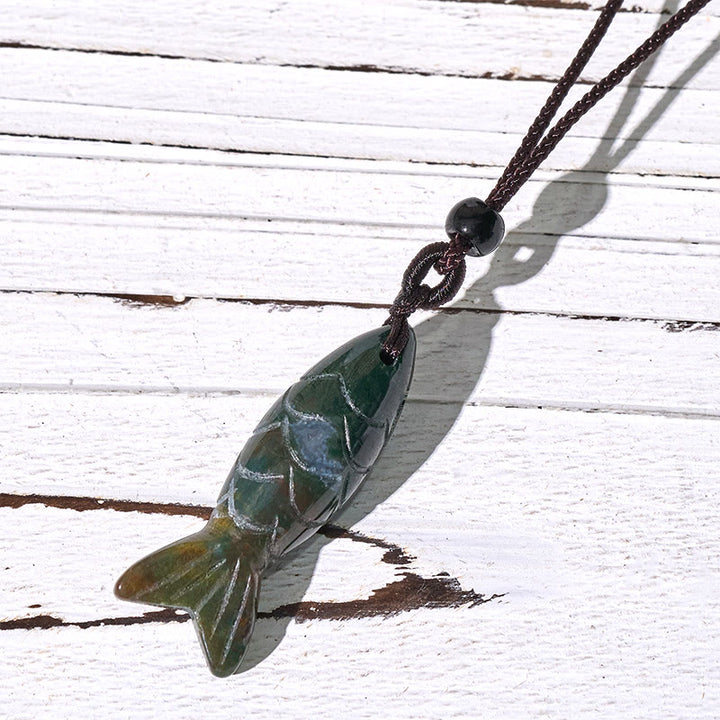 Buddha Stones Schnitzerei, Koi-Fisch, rosa Kristall, indischer Achat, Amethyst, Halskettenanhänger – Symbol für Wärme und Wohlstand - Indischer Achat (Anhängergröße: 15 x 40 mm) - image 7