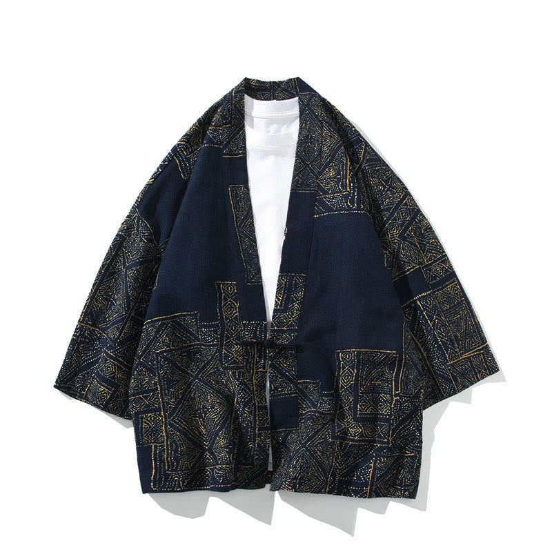 Buddha Stones, geometrisches Muster, Blumenstreifen, Schmetterlingsmotiv, offener Vorderteil, halblange Ärmel – Kimono für Herren - Quadratisch Blau - US/UK/AU46, EU56 (5XL) - image 0