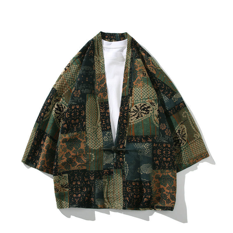 Buddha Stones, geometrisches Muster, Blumenstreifen, Schmetterlingsmotiv, offener Vorderteil, halblange Ärmel, Kimono aus Baumwolle für Herren - Florales Grün - US/ UK/AU46, EU56 (5XL) - image 11