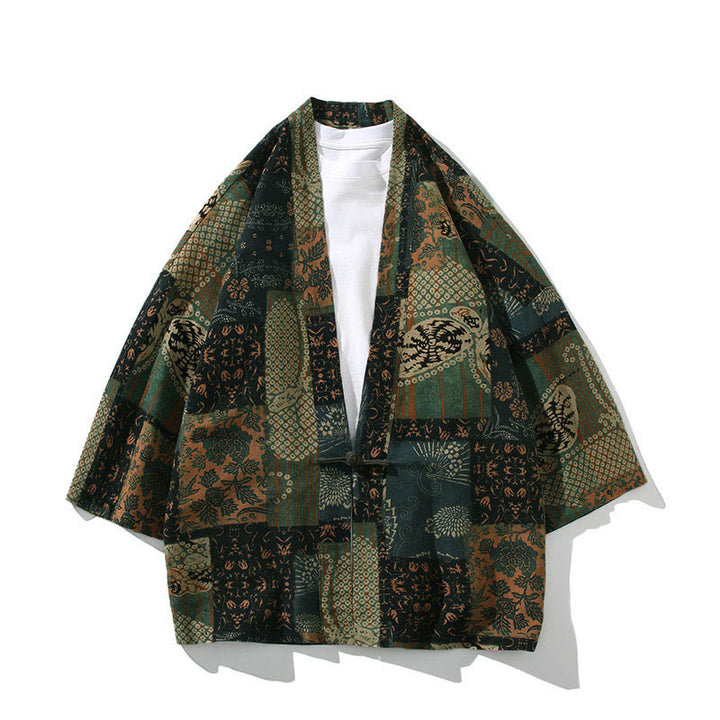 Buddha Stones, geometrisches Muster, Blumenstreifen, Schmetterlingsmotiv, offener Vorderteil, halblange Ärmel, Kimono aus Baumwolle für Herren - Florales Grün - US/ UK/AU46, EU56 (5XL) - image 11