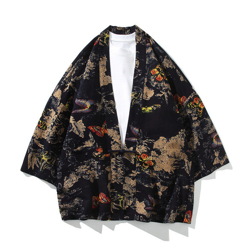 Buddha Stones, geometrisches Muster, Blumenstreifen, Schmetterlingsmotiv, offener Vorderteil, halblange Ärmel, Kimono aus Baumwolle für Herren - Schmetterling Schwarz - US/ UK/AU46, EU56 (5XL) - image 13