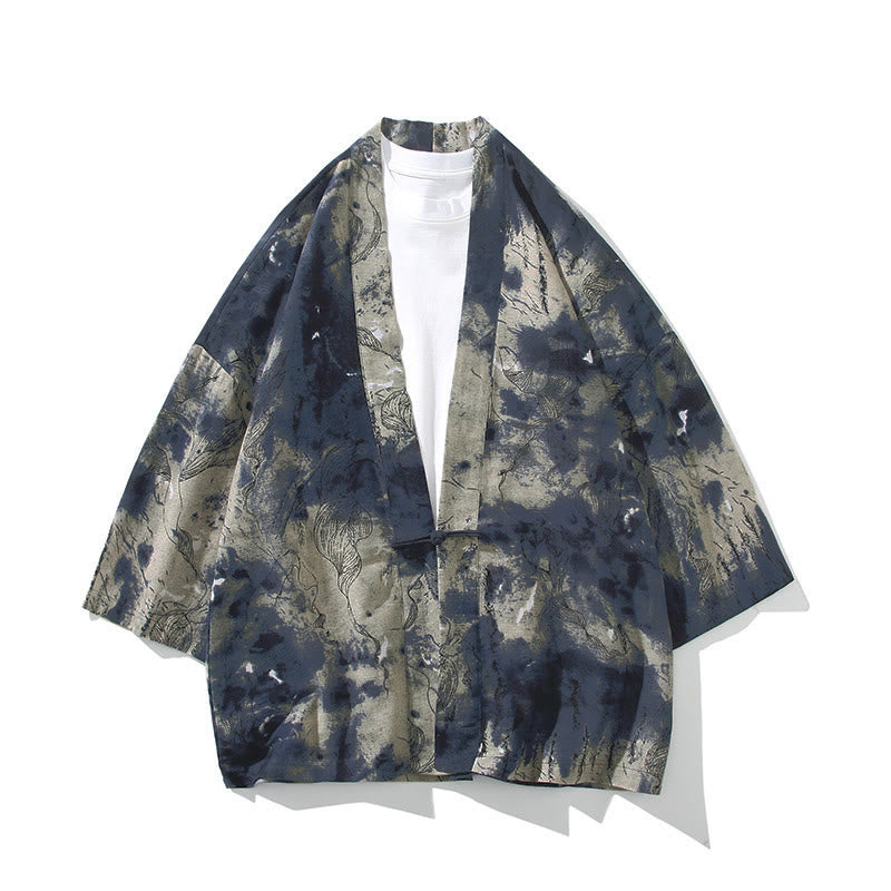 Buddha Stones, geometrisches Muster, Blumenstreifen, Schmetterlingsmotiv, offener Vorderteil, halblange Ärmel, Kimono aus Baumwolle für Herren - Tintenblau Beige - US/ UK/AU46, EU56 (5XL) - image 14