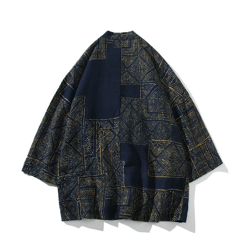 Buddha Stones, geometrisches Muster, Blumenstreifen, Schmetterlingsmotiv, offener Vorderteil, halblange Ärmel, Kimono aus Baumwolle für Herren - image 1