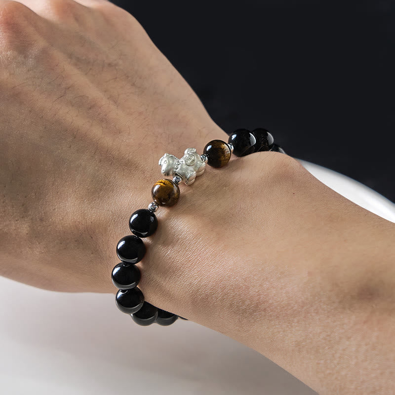 Buddha Stones ​​Jahr des Pferdes 999 Sterling Silber Pferdeanhänger Schwarzer Obsidian Tigerauge Stärke-Armband - image 4