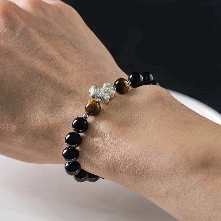 Buddha Stones ​​Jahr des Pferdes 999 Sterling Silber Pferdeanhänger Schwarzer Obsidian Tigerauge Stärke-Armband - image 4