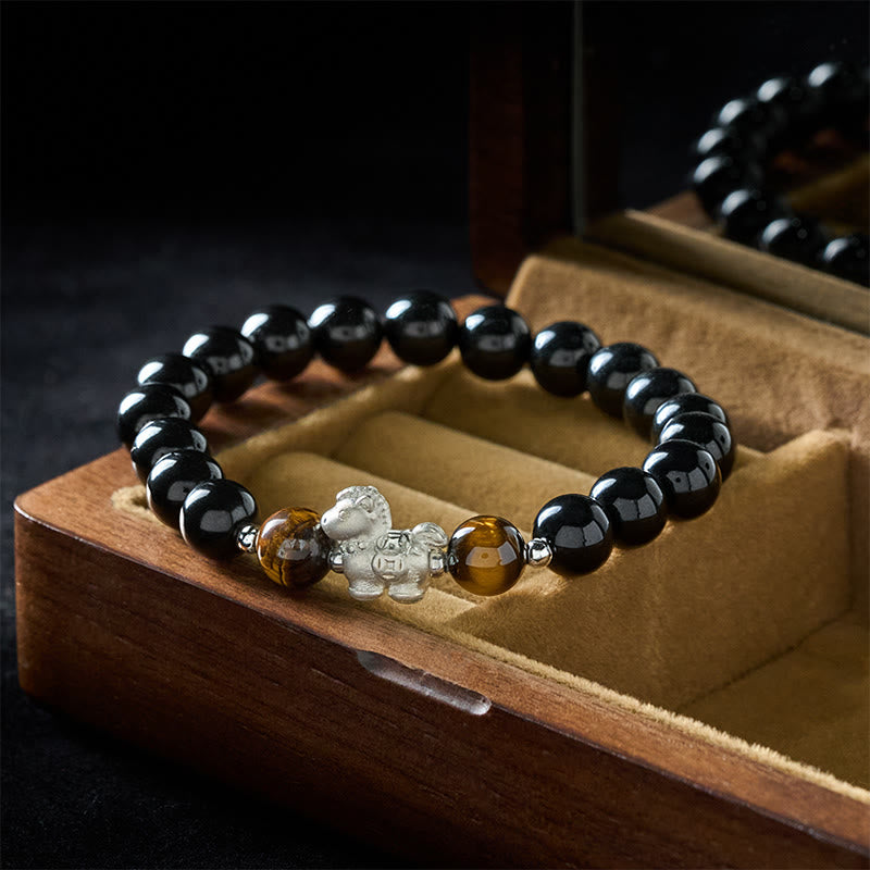 Buddha Stones ​​Jahr des Pferdes 999 Sterling Silber Pferdeanhänger Schwarzer Obsidian Tigerauge Stärke-Armband - image 2